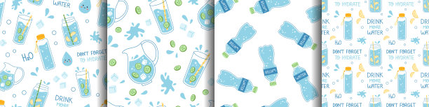 向量集喝更多的水无缝模式。时尚的收集背景与水印花与玻璃，罐子，水壶和瓶子的水与黄瓜和柠檬。别忘了补充水分。图片下载