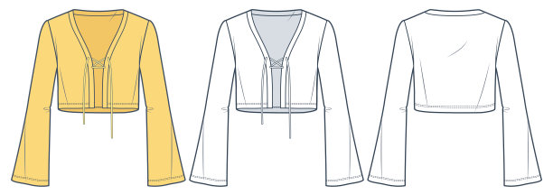 钟袖开衫技术时尚插画。露脐上衣时尚平面技术图纸模板，v领，系带，前后视图，白色，黄色，女性，男性，男女通用的CAD模型集。图片下载