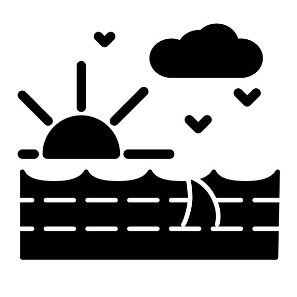 海浪与鲨鱼固体图标，航海概念，海洋景观与太阳，云和海鸥在白色背景的标志，鲨鱼鳍在图标的风格，移动。矢量图形。图片下载