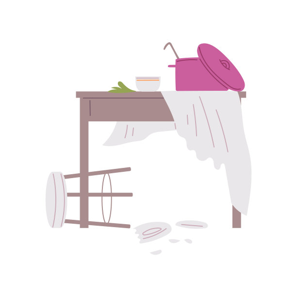 宠物乱翻的椅子，破碎的盘子，餐桌与锅和撕裂的桌布，杂乱无序矢量插图图片下载