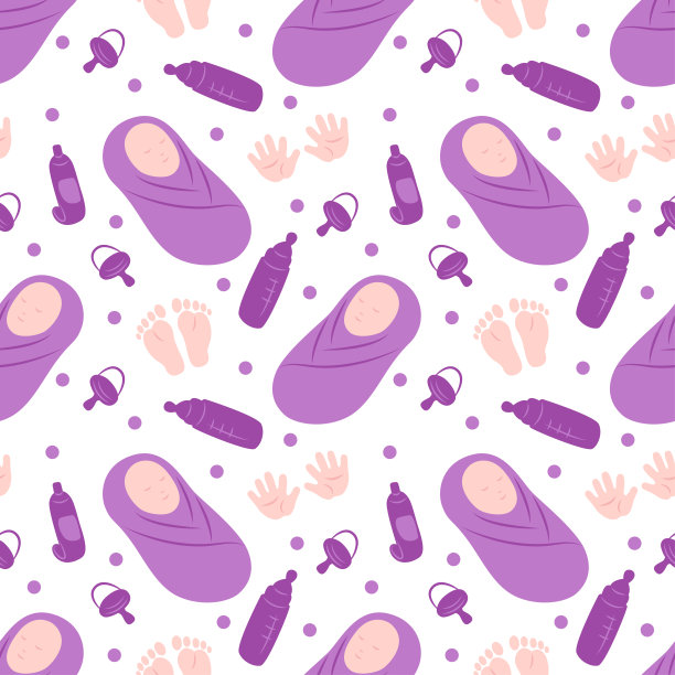 无缝图案包裹婴儿，安抚奶嘴，奶瓶，婴儿霜，脚印，手印和圆圈。平面颜色矢量插图。图片下载