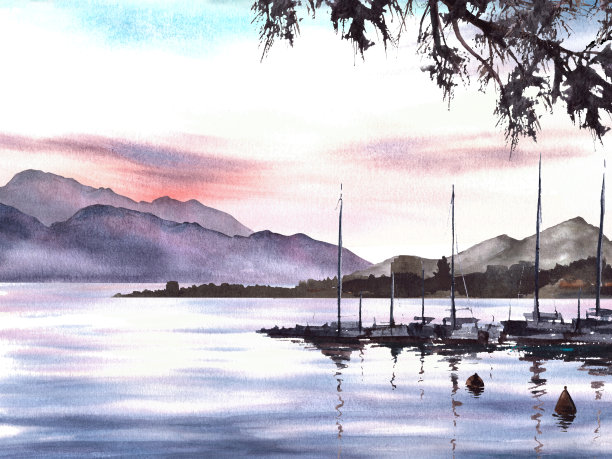 海景水彩画山、港口游艇、树木、渔船海浮标手绘插画图片下载