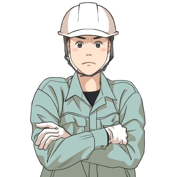 一名男维修人员的面部表情怒气冲冲，双臂交叉，戴着安全帽和手套图片下载