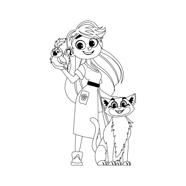 一个漂亮有趣的女孩喜欢和动物在一起，照顾它们。儿童涂色页。图片下载