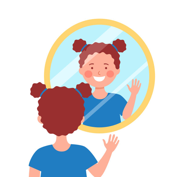 小女孩对着镜子开心地笑着。自信的孩子们。图片下载