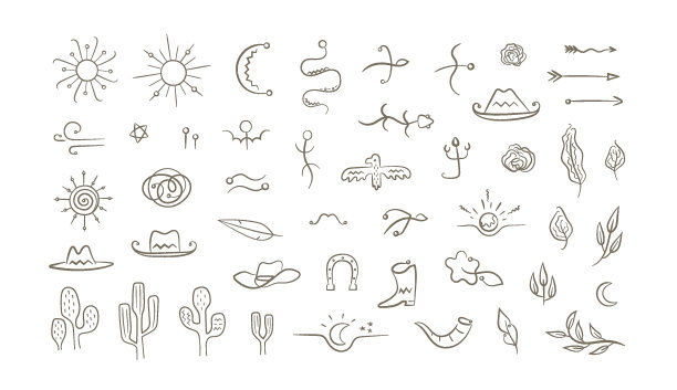 矢量集与狂野西部手绘元素。西部仙人掌，牛仔帽，靴子，沙漠动物，植物，箭。图片下载