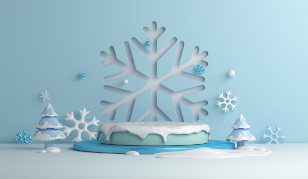 冬季展示讲台装饰背景用雪花、树木，复制空间文字，3D渲染插画图片下载