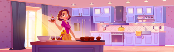 女人在厨房矢量插图纸杯蛋糕图片下载