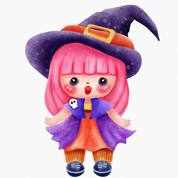 水彩和绘画微笑可爱的娃娃女孩与黑帽子万圣节孤立的白色背景。数字绘画卡通插画假日概念。图片下载