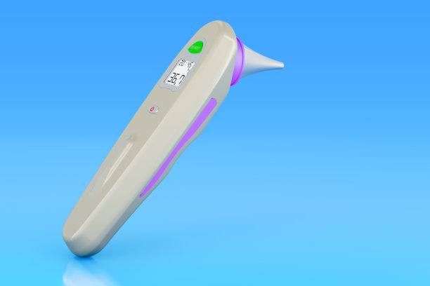 数字额头和耳朵温度计在蓝色背景，3D渲染图片下载