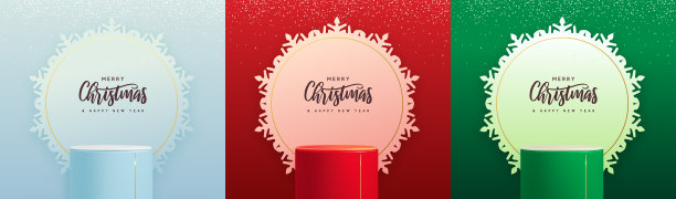 一套节日圣诞展示背景与3d讲台和雪花剪出轮廓。矢量图图片下载