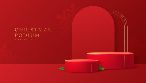 节日圣诞节展示红色背景与3d讲台和拱门。抽象的最小场景。矢量图图片下载