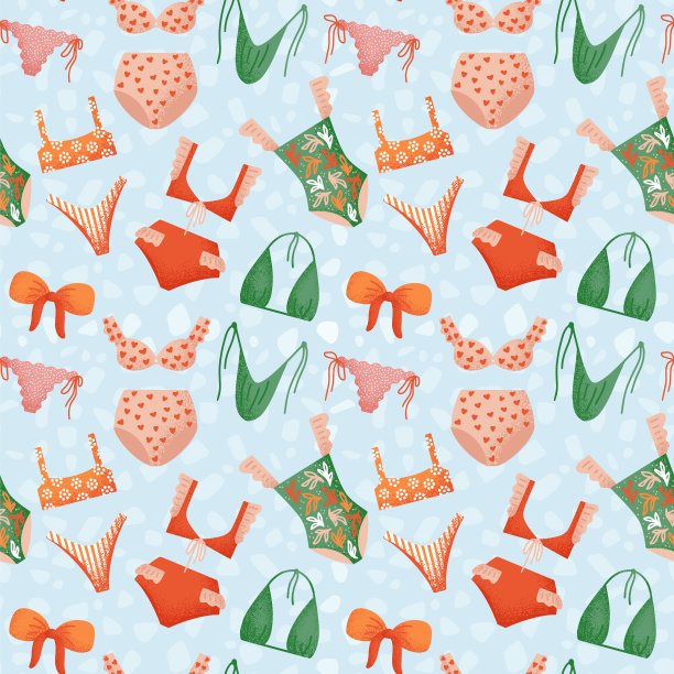 泳衣的模式。复古女士沙滩装、泳装、鲜花、夏日阳光和大海、复古度假假期，适合面料或纺织品。有质感的沙滩装或游泳衣。矢量无缝背景图片下载