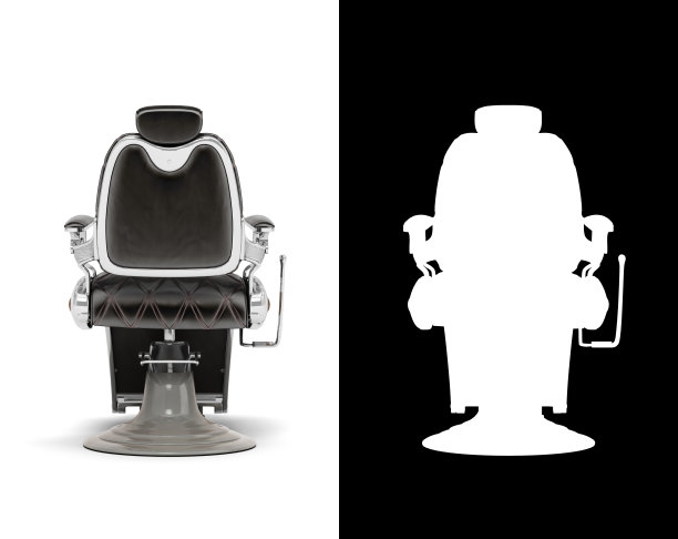 复古的黑色皮革理发椅与铬插入后视图3d渲染白色与alpha图片下载