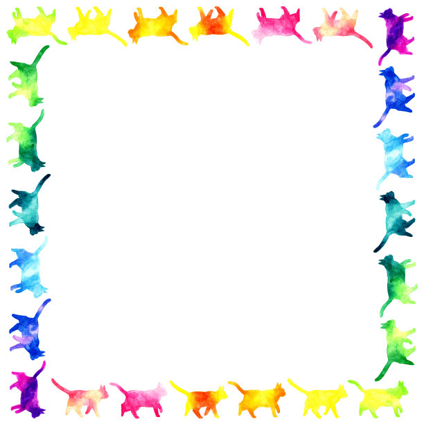 彩色猫剪影背景。手绘水彩动物插图。图片下载