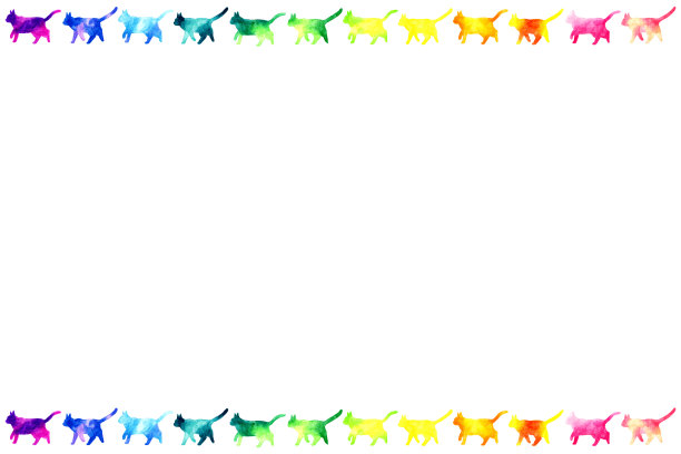 彩色猫剪影背景。手绘水彩动物插图。图片下载