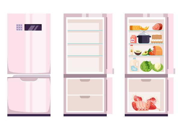 空满食物打开关闭冰箱冰箱隔离设置。矢量图形设计插图图片下载