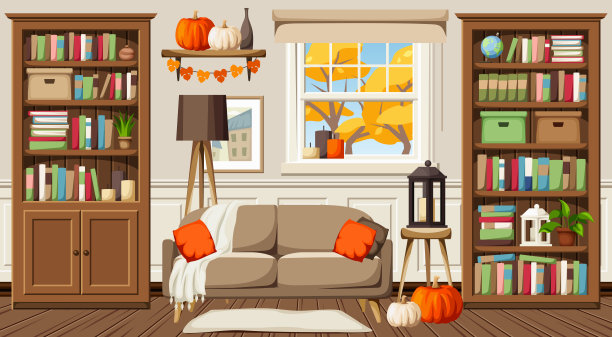 秋天的客厅内部。经典的客厅室内设计。卡通矢量插图图片下载