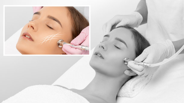 美容师在美容院为一位美丽的女孩做面部微晶磨皮手术。美容及专业护肤。图片下载