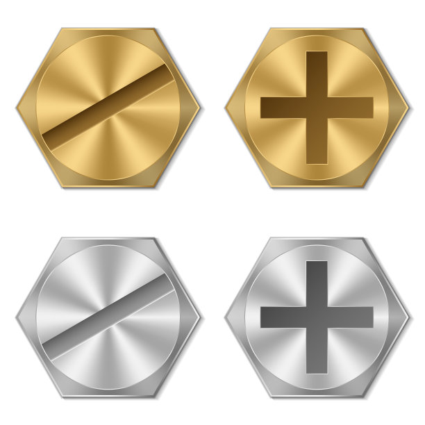 真实的螺栓头。金色和银色的螺栓头。黄金和金属螺丝。金属五金元件。矢量图图片下载