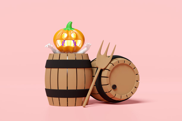 3D万圣节派对：南瓜头男子在木桶中，粉色背景3D渲染图片下载