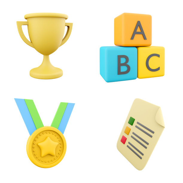 3D渲染金杯，A B C块，第一名奖牌与星星和答题纸图标集。3d渲染比赛和开发图标集图片下载