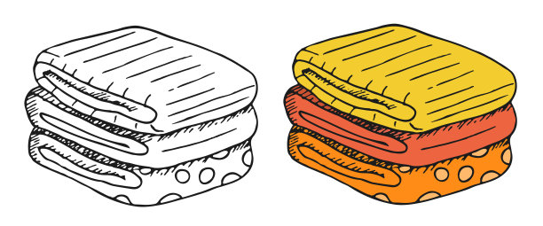 衣服和被褥叠成一堆。图片着色。矢量剪贴画隔离在白色背景上。图片下载
