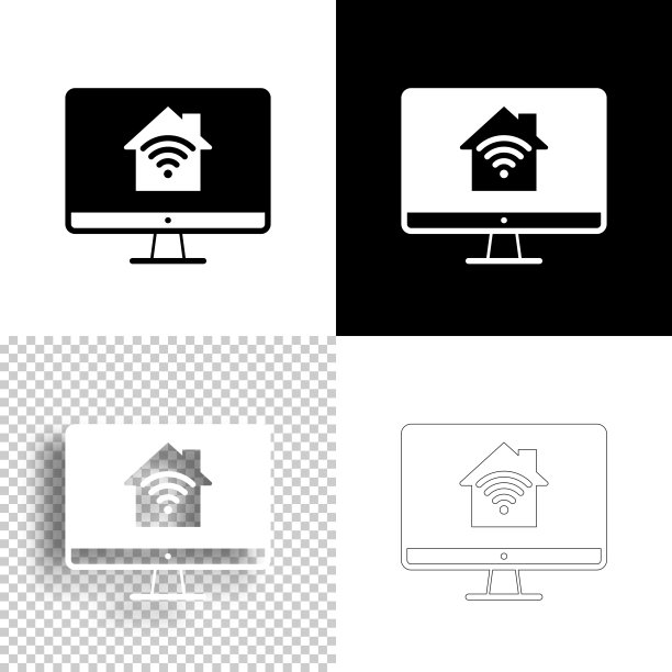 台式电脑与智能家居。图标设计。空白，白色和黑色背景-线图标图片下载
