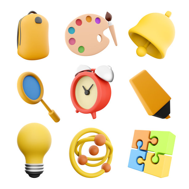 3d渲染黄色包，调色板刷，钟，放大镜，闹钟，黄色标记，灯泡，原子和拼图图标集。3d渲染教育概念图标集图片下载