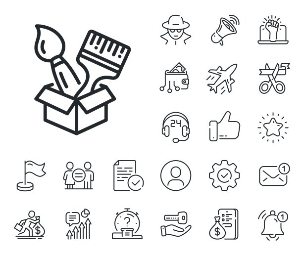 油漆刷线图标。墙上的油漆刷盒标志。工薪族，性别平等，警铃响。向量图片下载