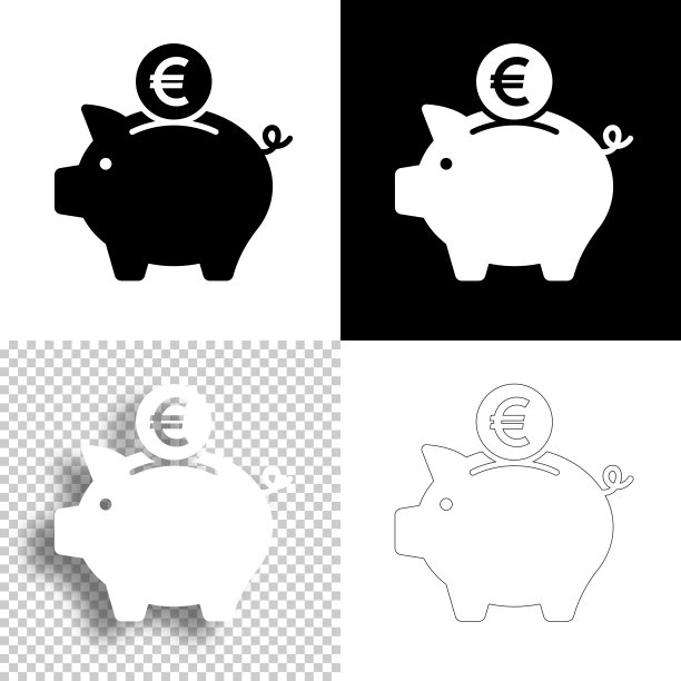 储蓄罐和欧元硬币。图标设计。空白，白色和黑色背景-线图标图片下载