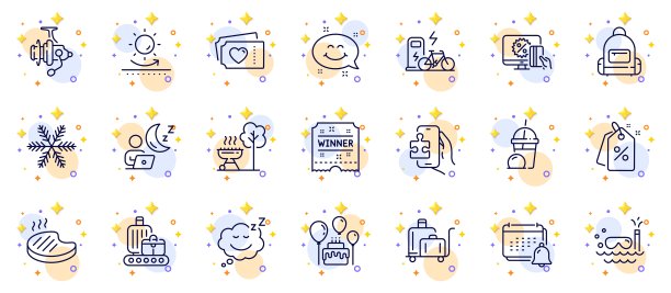 行李车，背包和烧烤牛排线图标的网络应用程序的轮廓集。象形符号图标。向量图片下载