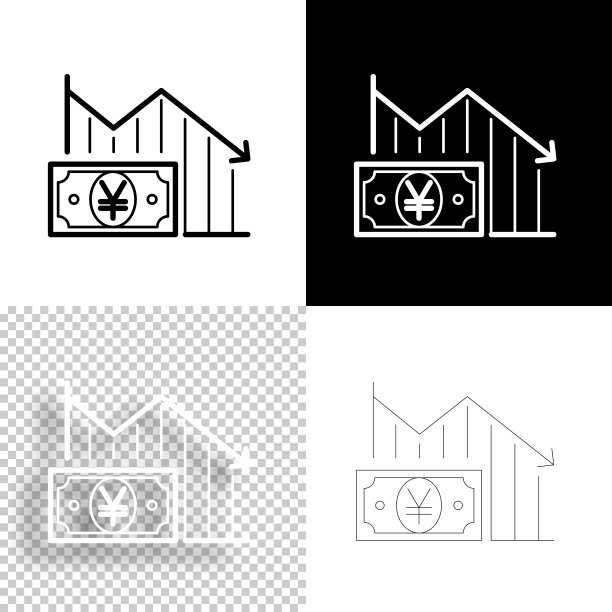 随日元钞票下跌的图表。图标设计。空白，白色和黑色背景-线图标图片下载