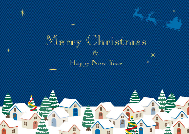 手绘的雪景圣诞市景。蓝色人字形图案背景。图片下载