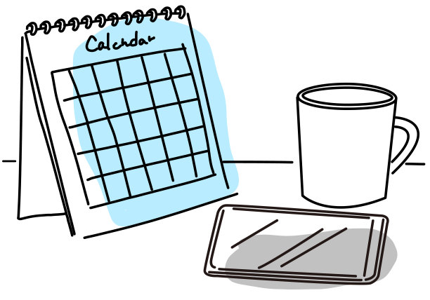 日历，手机和杯子绘图插图图片下载