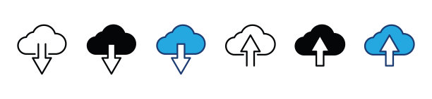 云下载和上传图标集。云箭头下载和上传图标符号在白色背景上的直线和平面风格。矢量图图片下载