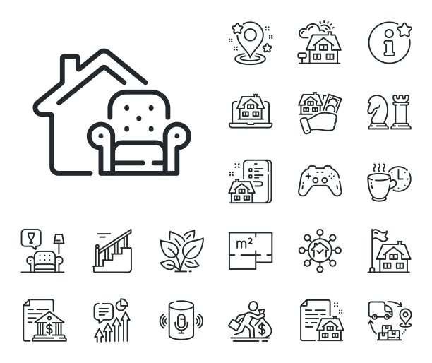 家具动线图标。家用扶手椅标志。平面图、楼梯和休息室。向量图片下载