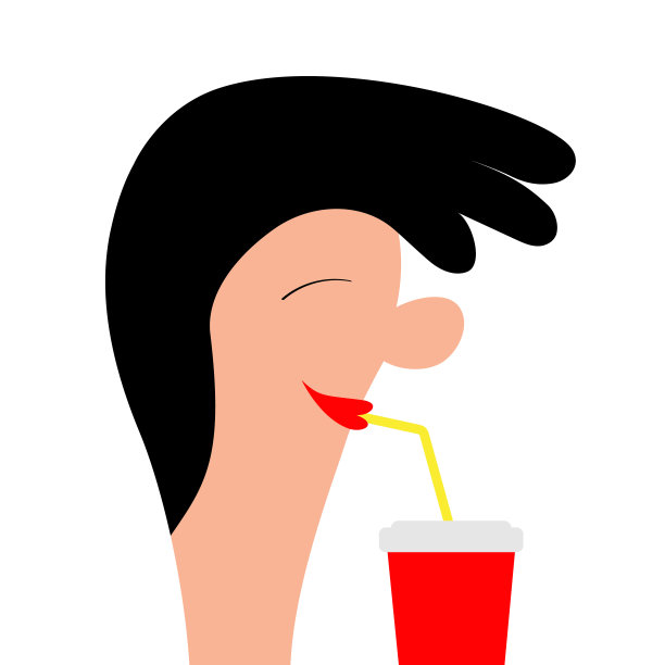 女人的肖像。少女侧影笑颜喝汽水杯吸管。有趣的女士，女性。黑色的头发。社交网络的化身。可爱的卡通人物。平面设计。白色背景。图片下载