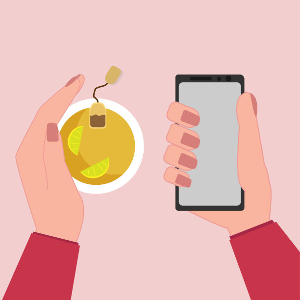 人手拿着智能手机喝柠檬茶。图片下载