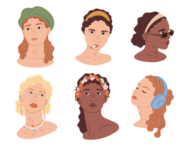 一组年轻貌美的时尚女性肖像。收集矢量平头的女孩。图片下载