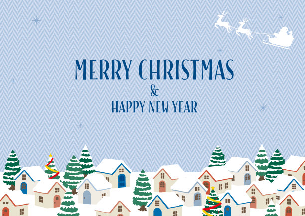 手绘的雪景圣诞市景。浅蓝色人字形图案背景。图片下载