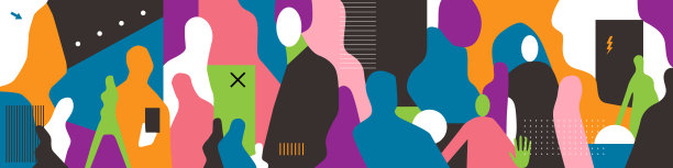 人们对未来虚拟现实技术梦幻般的抽象矢量插画。水平多色背景图片下载