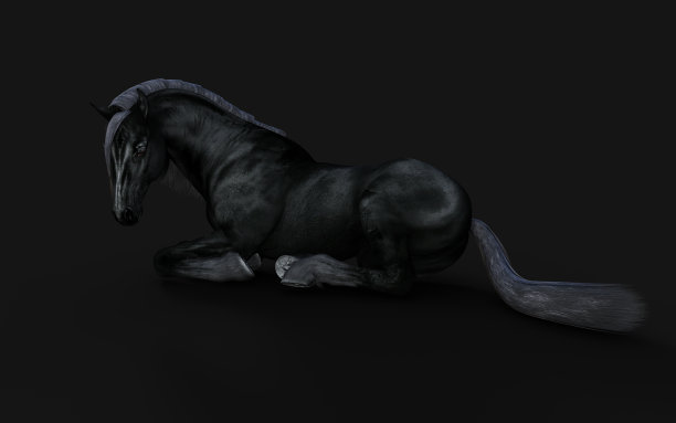 黑色背景上长鬃毛的黑马。三维渲染图片下载