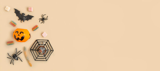 万圣节背景，黑色蝙蝠，蜘蛛，橙色南瓜和星星。现代假日设计。万圣节派对边框是白色的。平铺，俯视图，复制空间。感恩节秋季装饰。图片下载