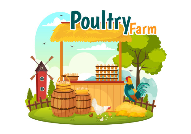 家禽农场矢量插图与鸡，公鸡，稻草，笼子和鸡蛋在绿色田野背景的风景平面卡通设计图片下载
