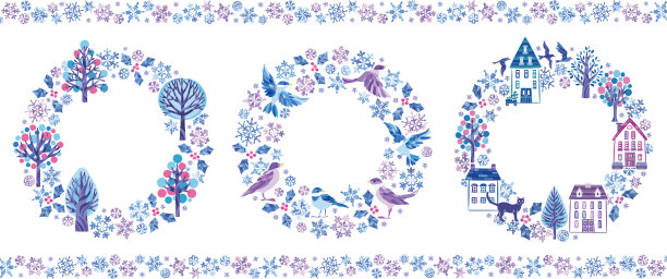 雪晶冬日插画圆框套装(小鸟山水森林)图片下载