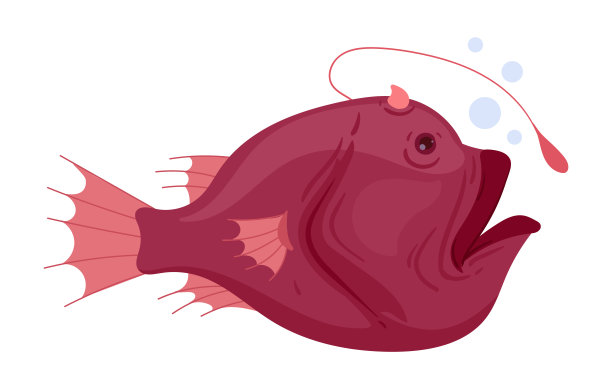 深海琵琶鱼。水下安康鱼捕食者，海洋动物生活在海底平面矢量插图。头上有手电筒的垂钓鱼图片下载