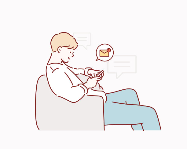 这个年轻人坐在沙发上查看手机上的信息。图片下载