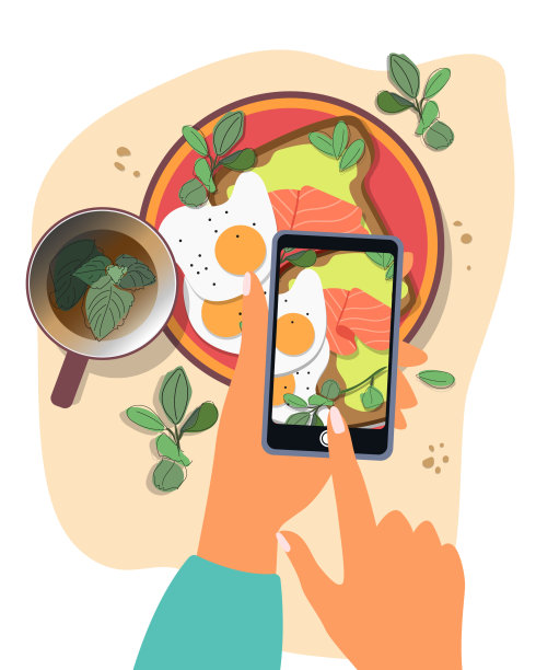 美食博客概念。手拿智能手机，拍张照片。图片下载