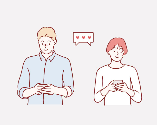 欢快的年轻夫妇单独站在粉红色的背景下，穿着休闲服拿着智能手机。图片下载